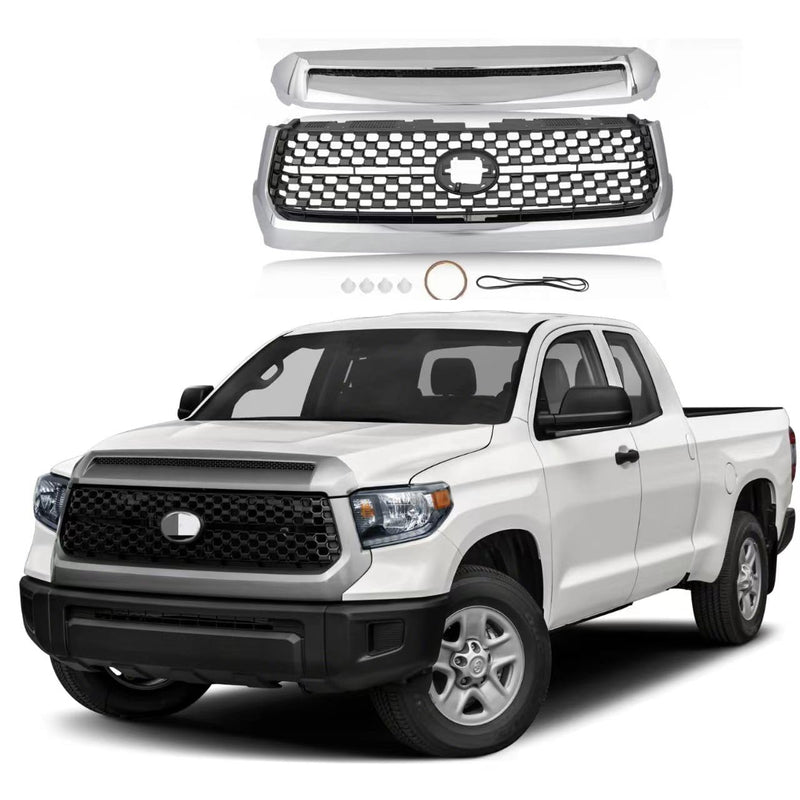 BUFEETERS Front Upper Grille & Hood Bulge Fit For 2014 2015 2016 2017 2018 2019 2020 Toyota Tundra,Honeycomb Style,Chorme&Black