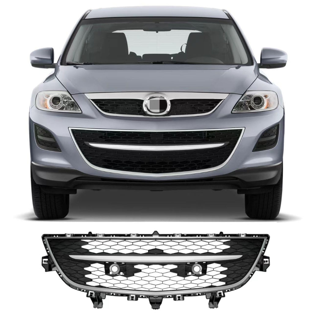 BUFEETERS  Front Bumper Lower Grille with Chrome Surround Center Molding Fit For 2010 2011 2012 Mazda CX-9,Black+Dark Gray+Chrome