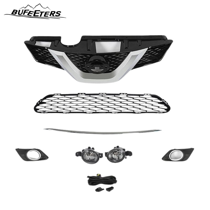 BUFEETERS 5PCS Front Upper and Lower Grille and Fog Light Kit Set Fit For 2014 2015 2016 Nissan Rogue,Honeycomb Style,Chrome&Black