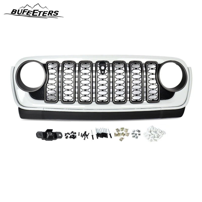 BUFEETERS  Front Bumper Upper Grille w/ Camera Hole Fit For 2018 2019 2020 2021 2022 2023 2024 Jeep Wrangler JL Gladiator JT,Rubicon Style,Bright White&Matte Black