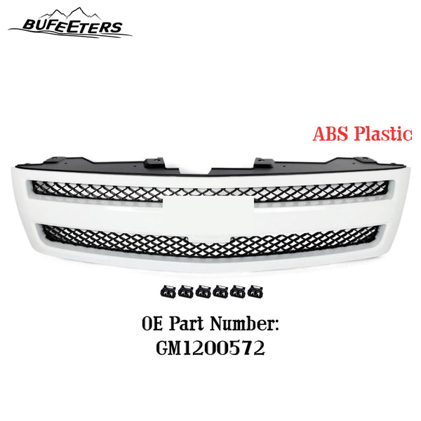 BUFEETERS Front Bumper Upper Grille Fit For 2007 2008 2009 2010 2011 2012 2013 Chevy Silverado 1500,Mesh Insert Style,Summit White&Matte Black