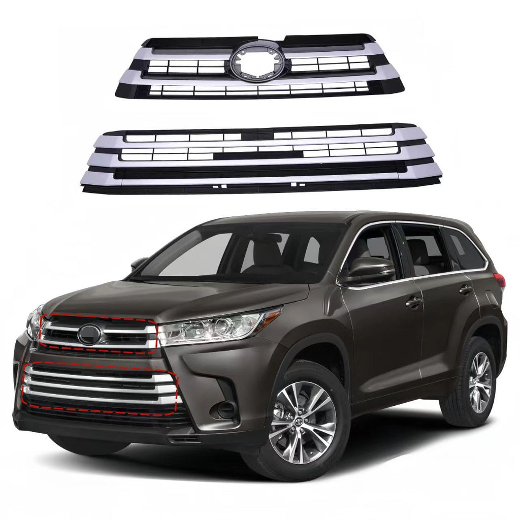 BUFEETERS   Front Grille Bumper Upper Lower Fit For 2017 2018 2019 Toyota Highlander,Black+Silver