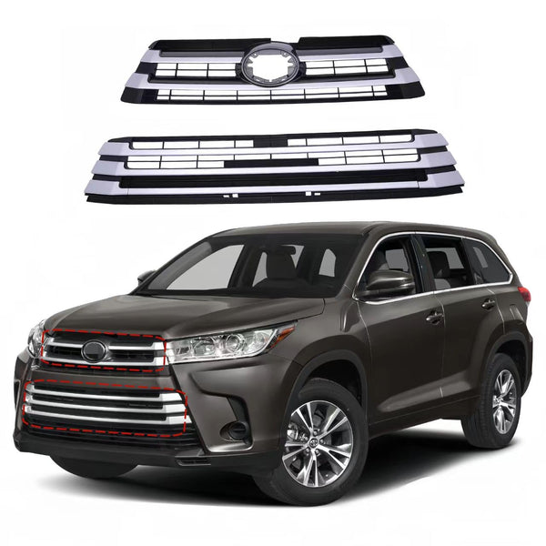 BUFEETERS   Front Grille Bumper Upper Lower Fit For 2017 2018 2019 Toyota Highlander,Black+Silver