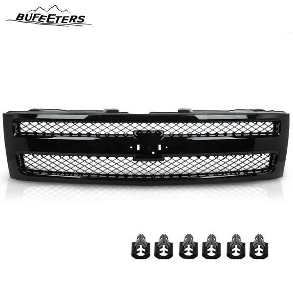 BUFEETERS Front Upper Grille Fit For 2007 2008 2009 2010 2011 2012 2013 Chevrolet Silverado 1500,Mesh insert Style,Gloss Black Shell w/ Black Insert