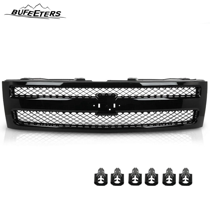 BUFEETERS Front Upper Grille Fit For 2007 2008 2009 2010 2011 2012 2013 Chevrolet Silverado 1500,Mesh insert Style,Gloss Black Shell w/ Black Insert