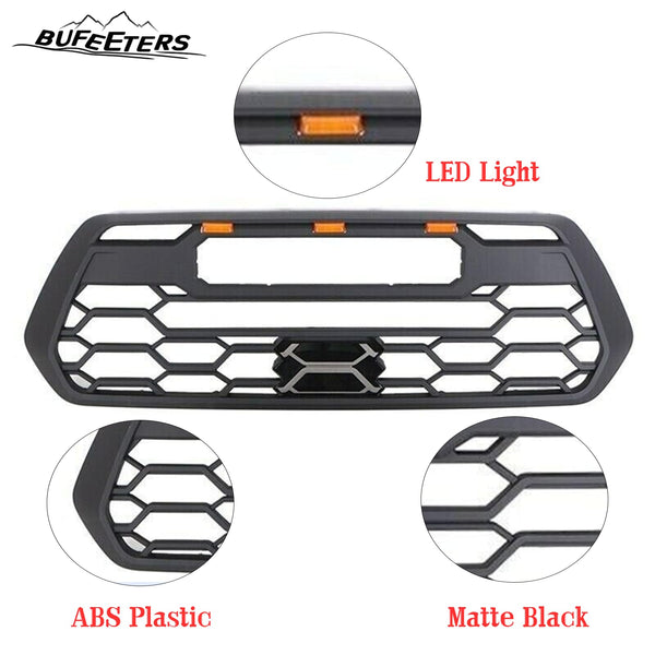 BUFEETERS   Front Bumper Grille W/Led & Light Bar Fit For 2016 2017 2018 2019 2020 2021 2022 2023 Toyota Tacoma,Mesh Style,Matte Black