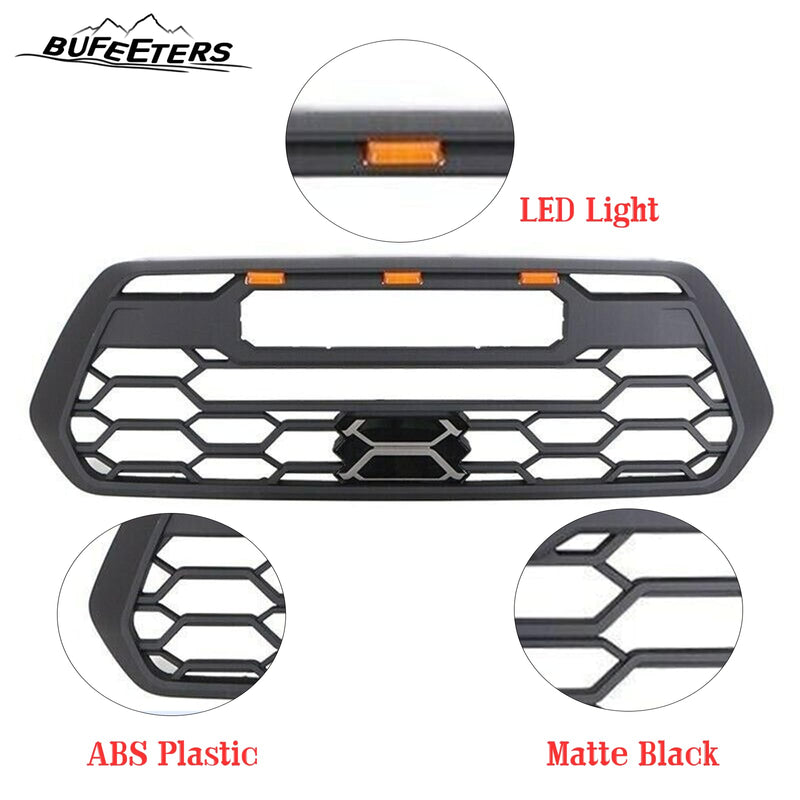 BUFEETERS   Front Bumper Grille W/Led & Light Bar Fit For 2016 2017 2018 2019 2020 2021 2022 2023 Toyota Tacoma,Mesh Style,Matte Black