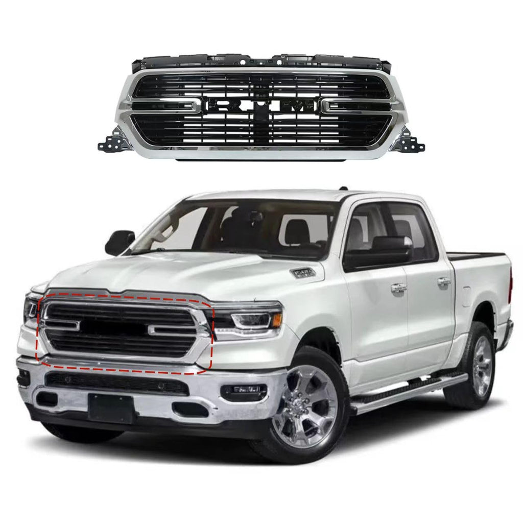BUFEETERS Front Bumper Upper Grille Fit For 2019 2020 2021 2022 Dodge Ram 1500,Horizontal Billet Style,Gloss Black&Chrome