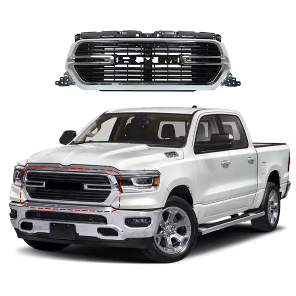 BUFEETERS Front Bumper Upper Grille Fit For 2019 2020 2021 2022 Dodge Ram 1500,Horizontal Billet Style,Gloss Black&Chrome