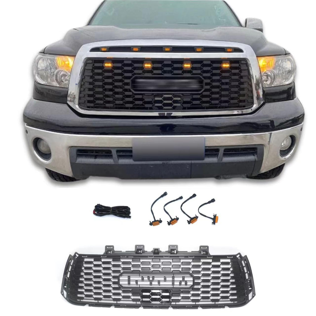 BUFEETERS Front Bumper Grille Hood Grill w/LED Amber Lights Fit For 2010 2011 2012 2013 Toyota Tundra,Mesh Style,Black