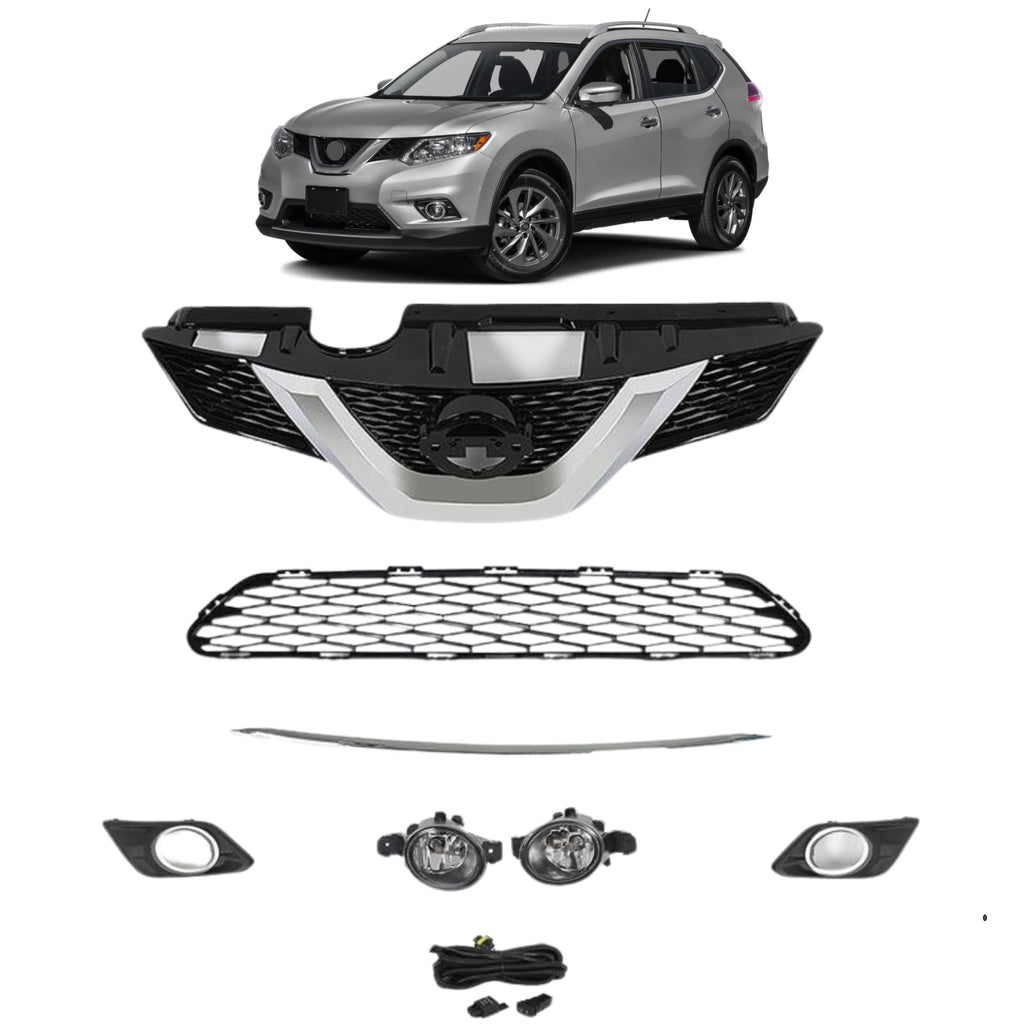 BUFEETERS 8PCS Front Upper and Lower Grille and Fog Light Kit Set Fit For 2014 2015 2016 Nissan Rogue,Factory Style,Chrome&Black