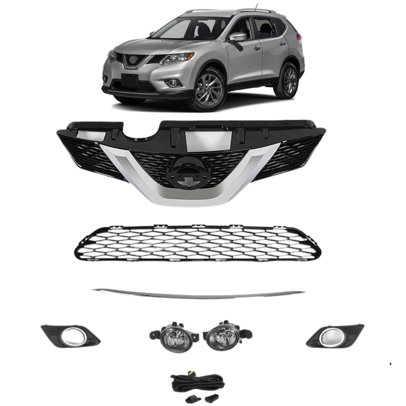 BUFEETERS 5PCS Front Upper and Lower Grille and Fog Light Kit Set Fit For 2014 2015 2016 Nissan Rogue,Honeycomb Style,Chrome&Black