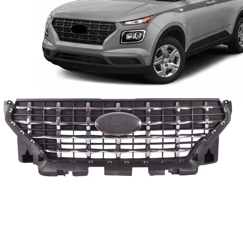 BUFEETERS  Front Bumper Upper Radiator Grille W/Chrome Trim  Fit For 2020 2021 2022 2023 Hyundai Venue,Factory Style,Black&Chrome