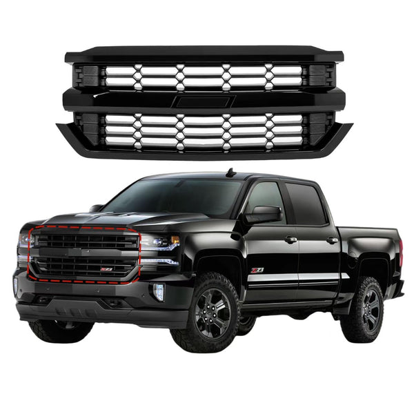 BUFEETERS  Front Upper Grille Fit For 2016 2017 2018 2019 Chevy Silverado 1500,Honeycomb Style,Gloss Black