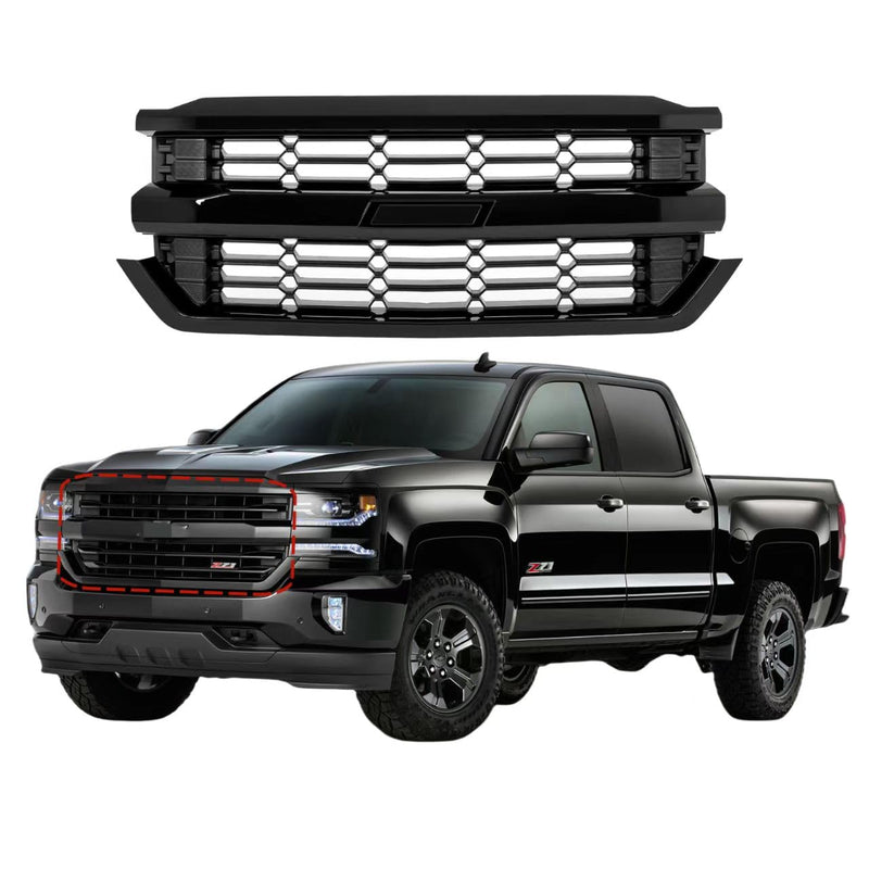 BUFEETERS  Front Upper Grille Fit For 2016 2017 2018 2019 Chevy Silverado 1500,Honeycomb Style,Gloss Black