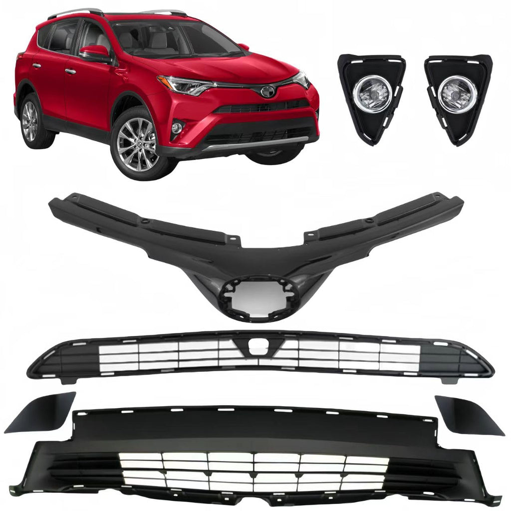 BUFEETERS Front Upper Lower Grille Fog lights Towing Cover Set Fit For Toyota RAV4 2016-2018,Black