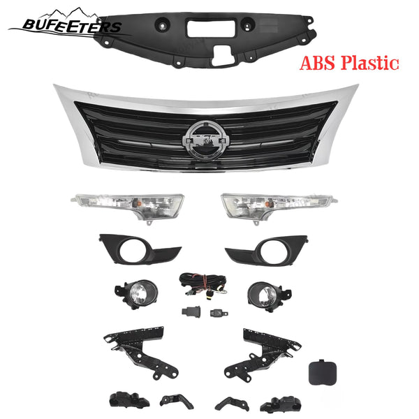 BUFEETERS 15PCS Front Upper Grille Fog Light Signal Lamp Kit/ Brackets Fit For 2013 2014 2015 Nissan Altima,Mesh Style,Chrome&Black