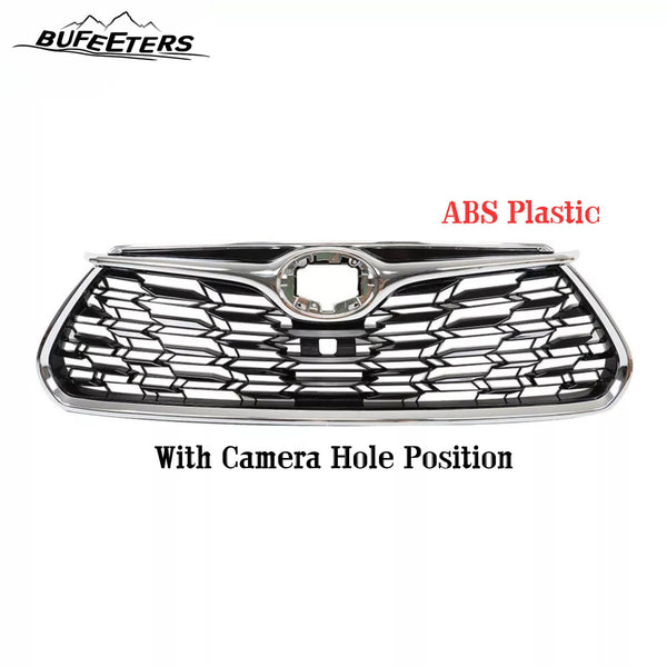 BUFEETERS Front Bumper Upper Grille w/Camera Hole Position Fit For 2020 2021 2022 Toyota Highlander,Mesh Style,Chrome&Black
