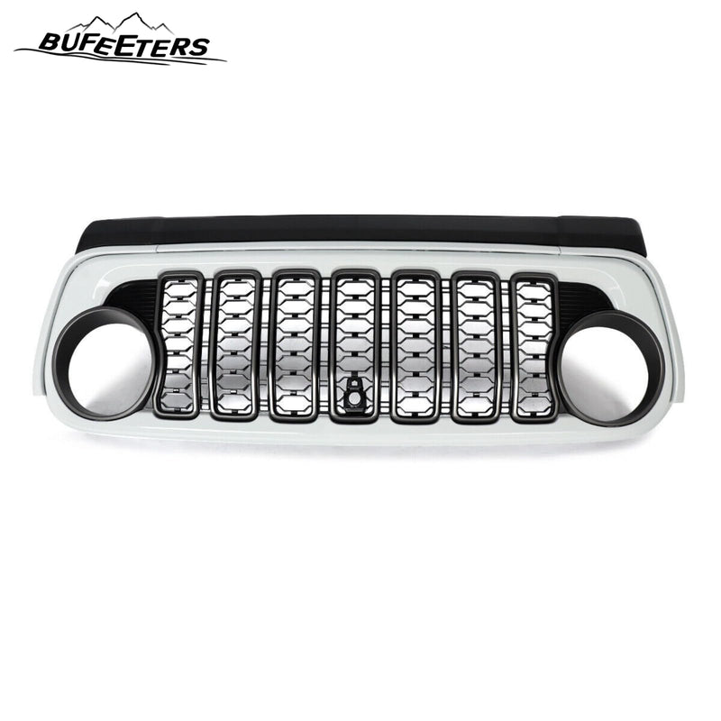 BUFEETERS  Front Bumper Upper Grille w/ Camera Hole Fit For 2018 2019 2020 2021 2022 2023 2024 Jeep Wrangler JL Gladiator JT,Rubicon Style,Bright White&Matte Black