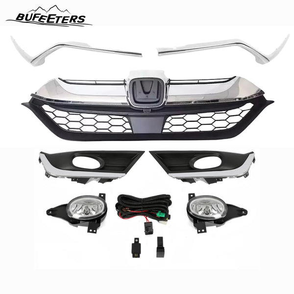 BUFEETERS  5Pcs Front Bumper Grille Headlight Trim Fog Light Set Fit For 2017 2018 2019 Honda CRV CR-V,Factory Style,Chrome&Black&Silver