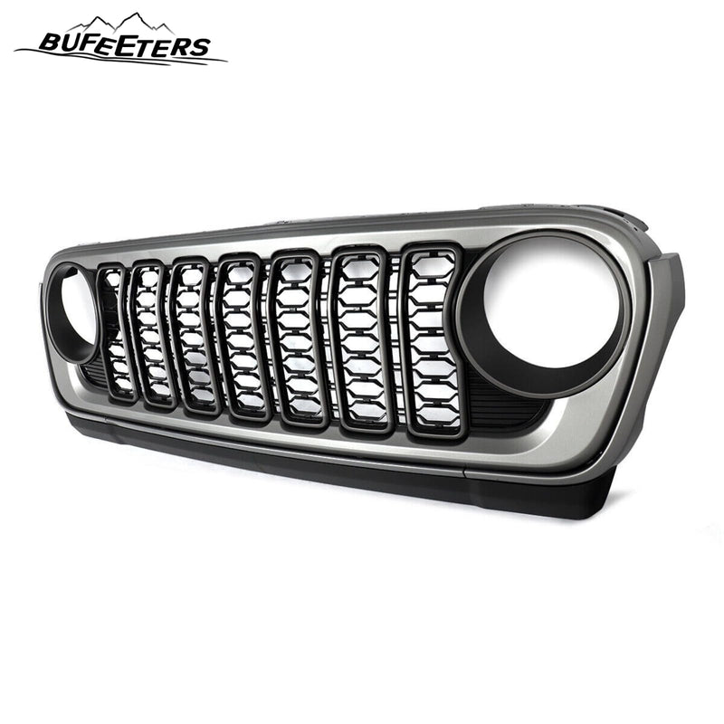BUFEETERS  Front Bumper Upper Grille w/O Camera Hole Fit For 2018 2019 2020 2021 2022 2023 2024 Jeep Wrangler JL Gladiator JT,Rubicon Style,Matte Black&Billet Silver Metallic
