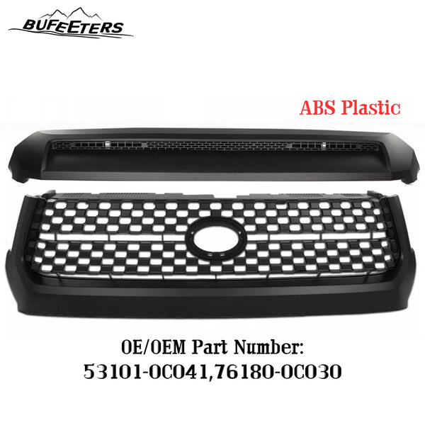 BUFEETERS  Front Grille&Hood Bulge Molding Set Fit For 2014 2015 2016 2017 2018 2019 2020 Toyota Tundra,Mesh Style,Matte Black