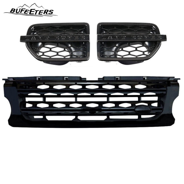 BUFEETERS 3Pcs Front Side Grille Vent Mesh Bar Trim Fit For 2014 2015 2016 Discovery 4 LR4,Mesh Style,Full Gloss Black