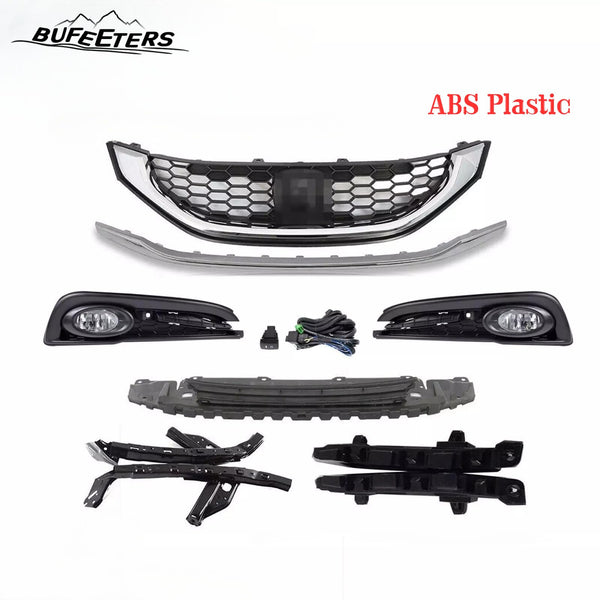 BUFEETERS  11PCS Front Grille Foglight&Bezels&Brackets Set Fit For 2013 2014 2015 Honda Civic Sedan,Factory Style,Chrome&Black