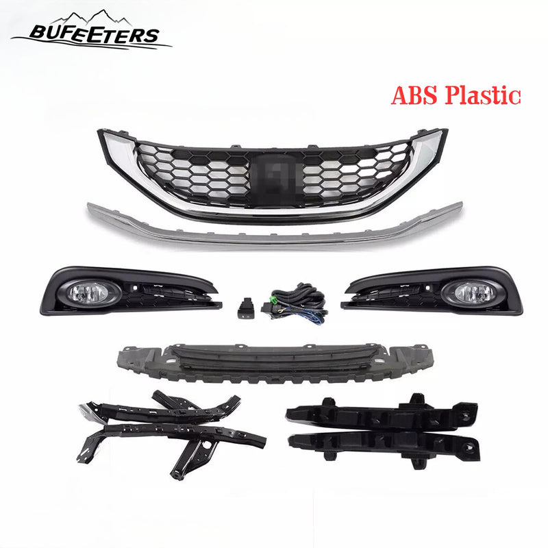 BUFEETERS  11PCS Front Grille Foglight&Bezels&Brackets Set Fit For 2013 2014 2015 Honda Civic Sedan,Factory Style,Chrome&Black