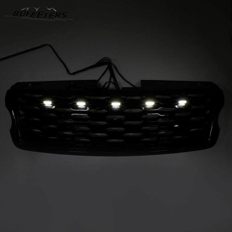 BUFEETERS Front Bumper Upper Grille w/ LED Fit For 2013 2014 2015 2016 2017 Land Rover Range Rover Vogue L405,Mesh Style,Gloss Black