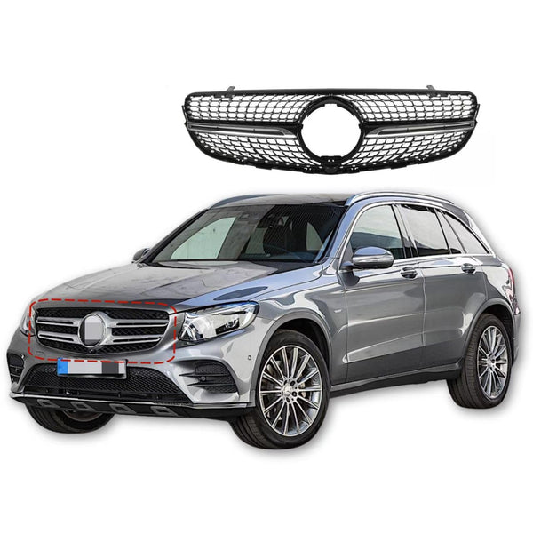 BUFEETERS  Front Bumper Upper Grille Fit For 2016 2017 2018 2019 Mercedes Benz X253 GLC250 GLC300 GLC350,Diamond Style,Chrome&Black