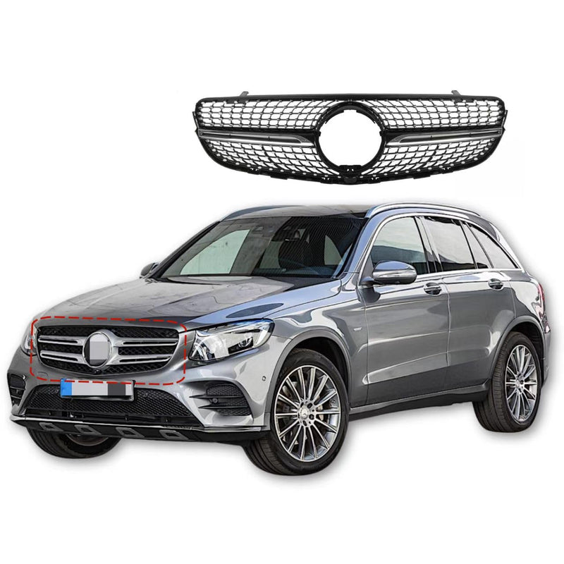 BUFEETERS  Front Bumper Upper Grille Fit For 2016 2017 2018 2019 Mercedes Benz X253 GLC250 GLC300 GLC350,Diamond Style,Chrome&Black