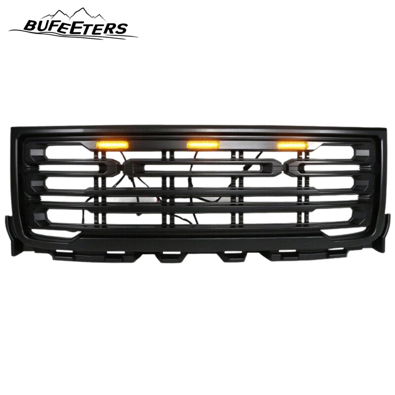 BUFEETERS Front Bumper Upper Grille W/ LED Light Fit For 2011 2012 2013 2014 GMC Sierra 2500HD 3500HD Matte Black