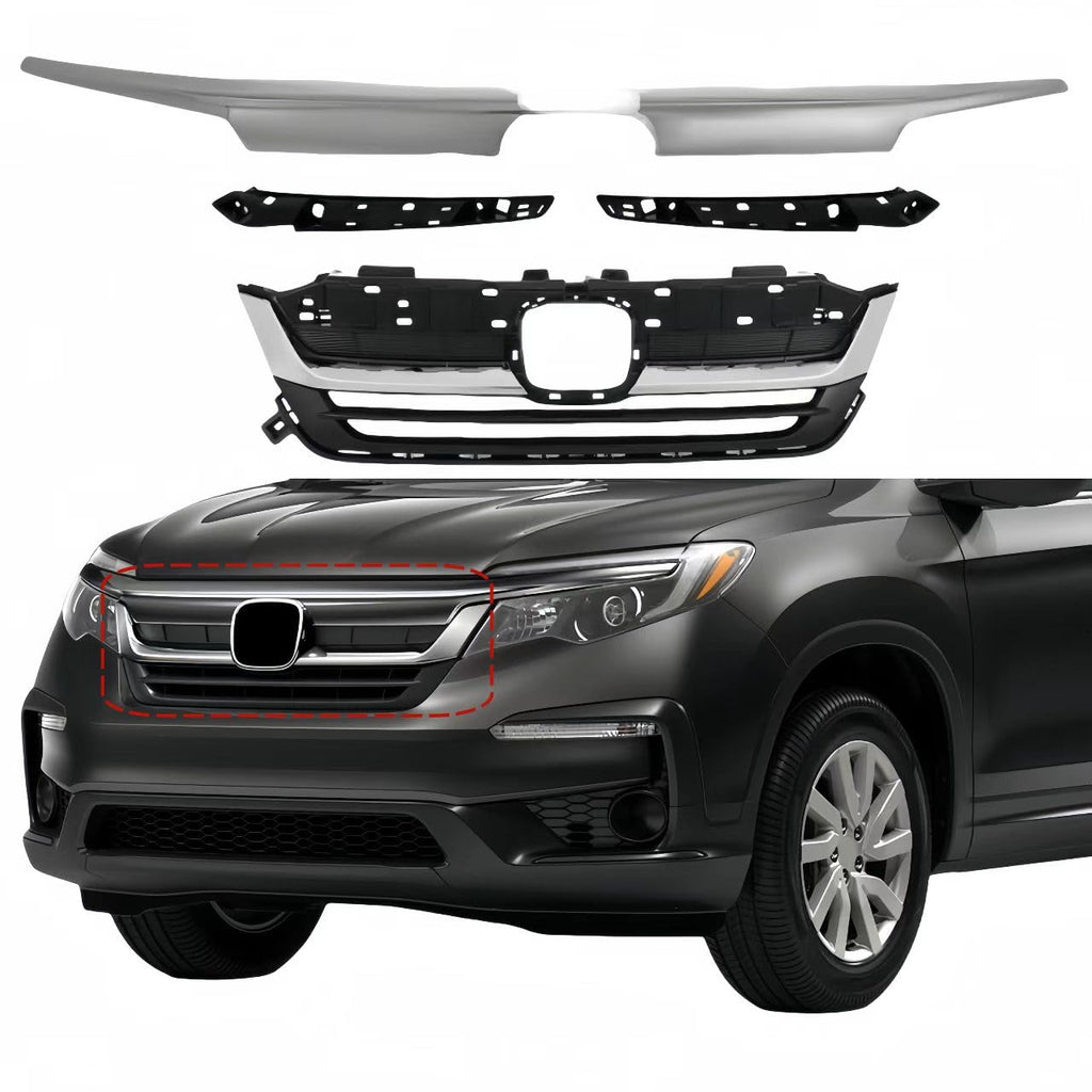 BUFEETERS 4PCS Front Bumper Grille Grill w/ Chrome Molding Trim Fit For 2019 2020 2021 2022 Honda Pilot,Black&Chrome