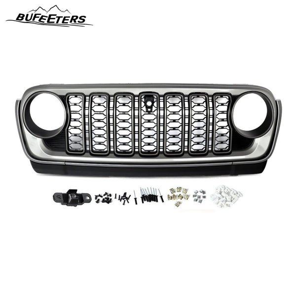 BUFEETERS  Front Bumper Upper Grille w/Camera Hole Fit For 2018 2019 2020 2021 2022 2023 2024 Jeep Wrangler JL Gladiator JT,Rubicon Style,Black&Billet Silver Metallic