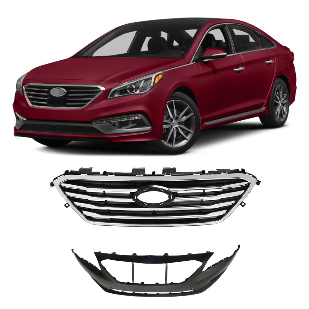 BUFEETERS    Front Bumper Cover+Upper Grille Fit For 2015 2016 2017 Hyundai Sonata SE Standard,Chrome&Black
