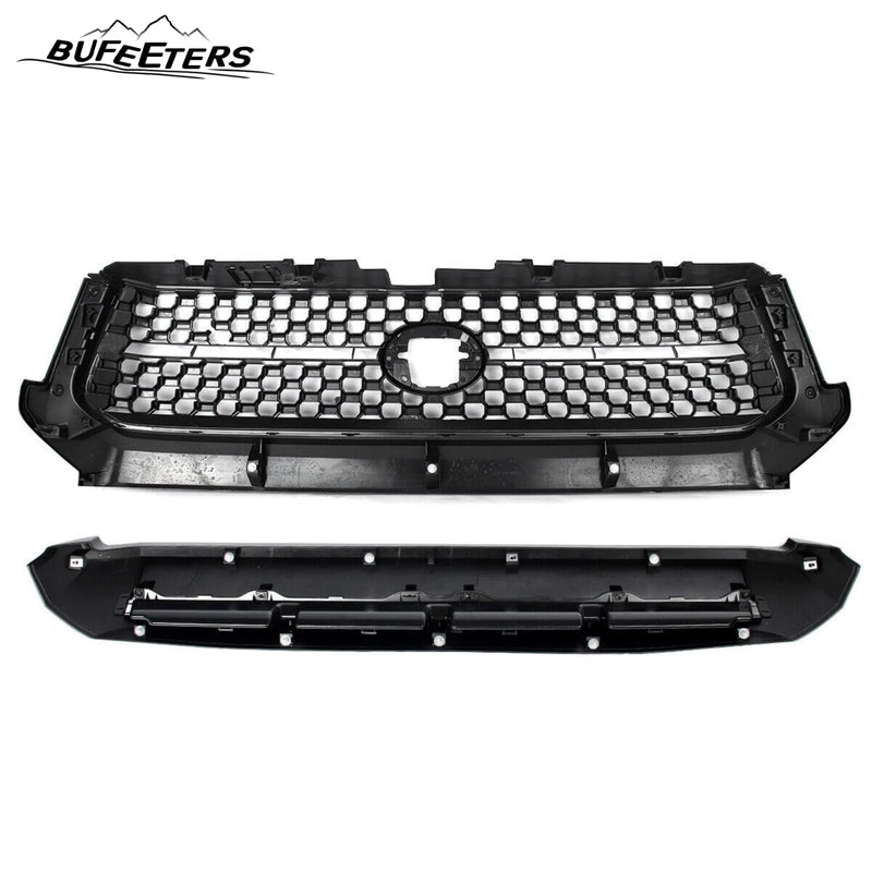 BUFEETERS  Front Bumper Upper Grille Grill & Hood Bulge Fit For 2014 2015 2016 2017 2018 2019 2020 Toyota Tundra,Honeycomb Style,Gloss Black&Gary