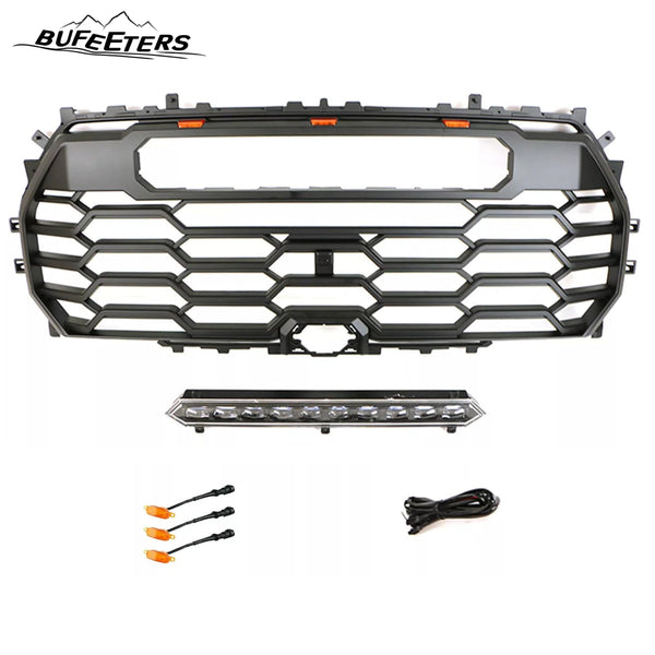 BUFEETERS Front Bumper Upper Grille W/Led & Light Bar Fit For 2022 2023 2024 Toyota Tundra,Honeycomb Style,Matte Black