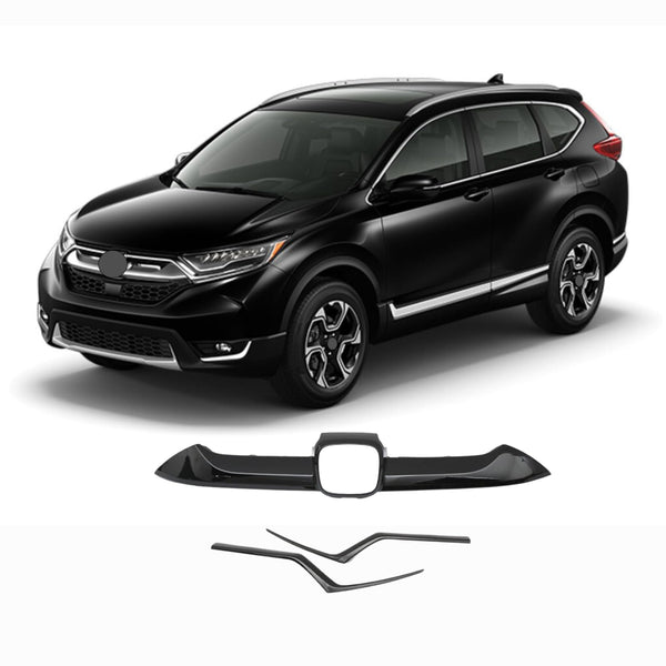 BUFEETERS  3Pcs Head Light and Grille Trim Molding Fit For 2017 2018 2019 Honda CRV CR-V,Factory Style,Gloss Black