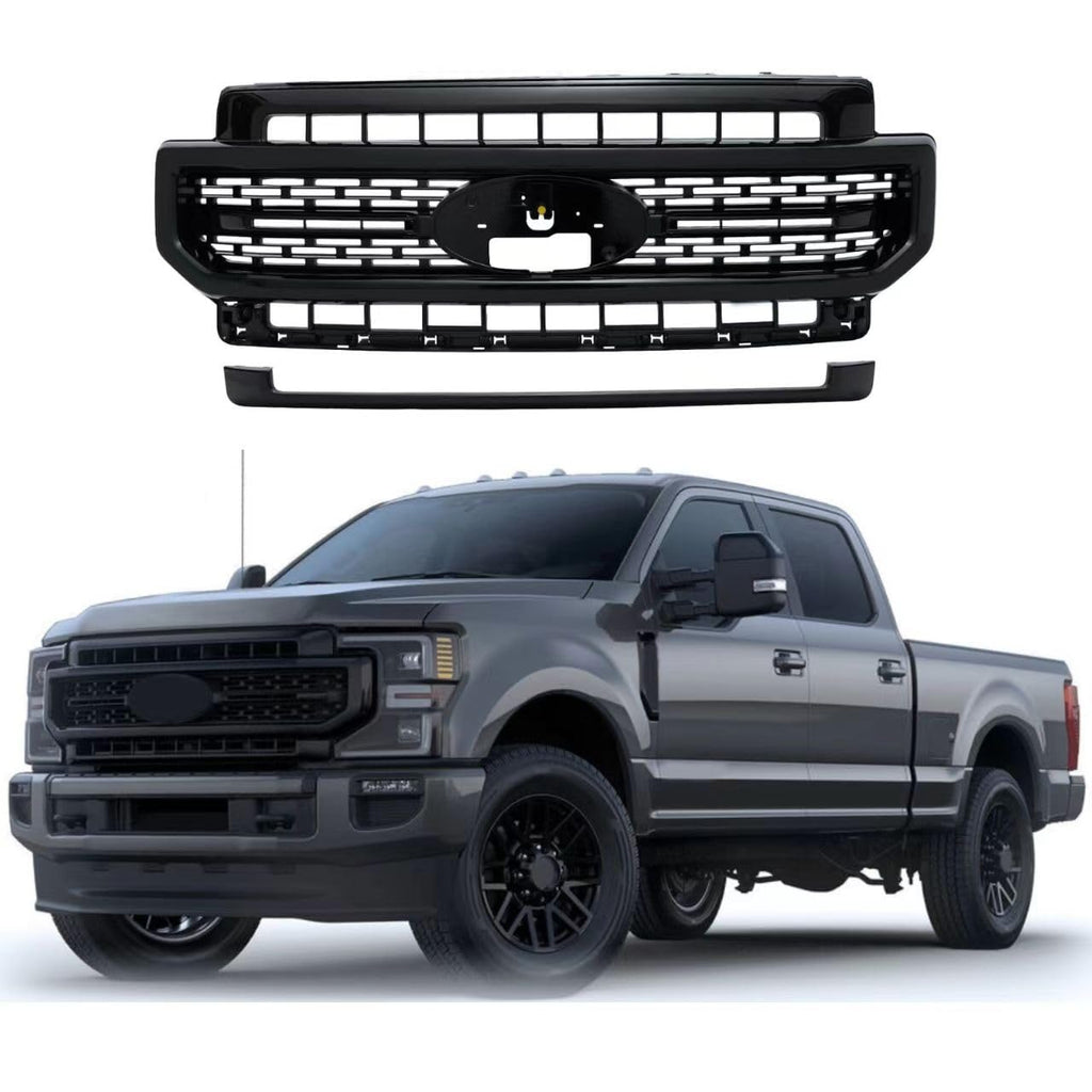 BUFEETERS  Front Bumper Upper Grille Fit For 2020 2021 2022 Ford F250 F350 Lariat Super Duty,Mesh Style,Gloss Black