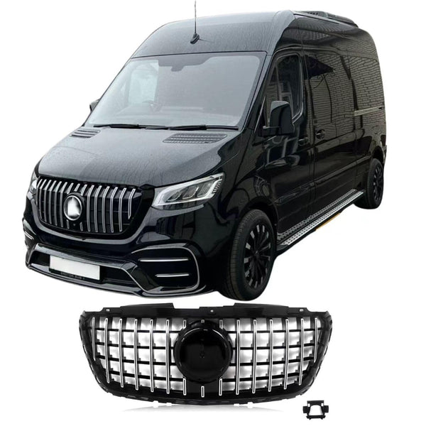 BUFEETERS  Front Bumper Upper Grille Fit For Mercedes Benz Sprinter W907 W910 2018 2019 2020 2021 2022 2023,GT Style,Chrome&Black