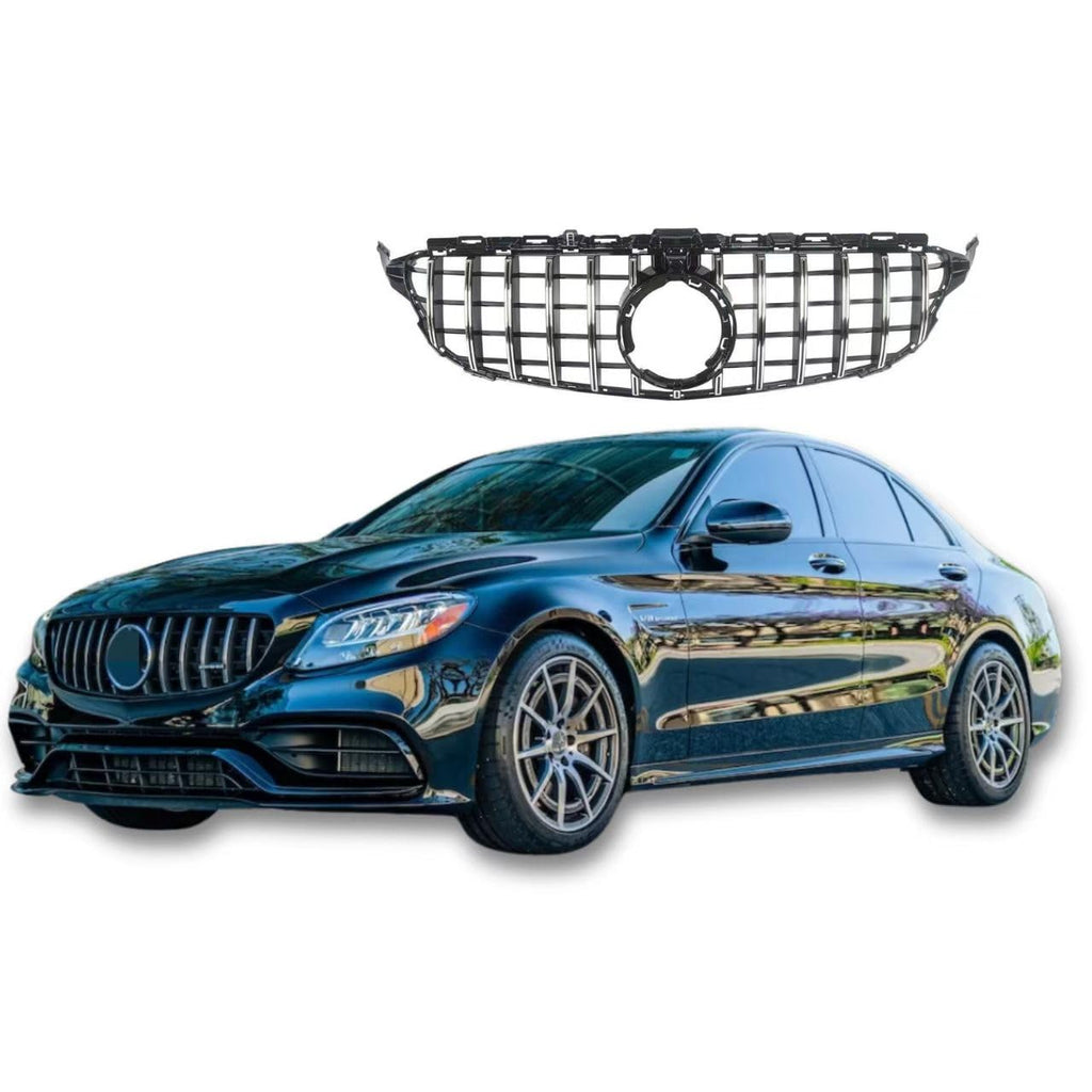 BUFEETERS  Front Bumper Upper Grille Fit For 2019 2020 2021 Benz W205 C-CLASS,GTR Style,Chrome&Black