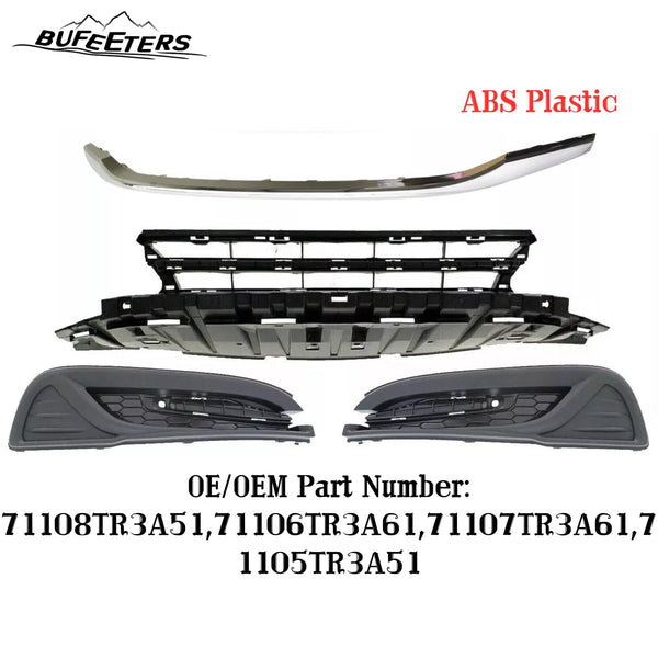 BUFEETERS  Front Bumper Grille + Molding + Fog Light Covers Fit For 2013 2014 2015 Honda Civic Sedan,Factory Style,Chrome&Black