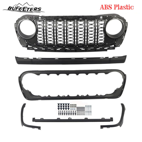 BUFEETERS  Front Bumper Upper Grille w/O Camera Hole Fit For 2018 2019 2020 2021 2022 2023 2024 Jeep Wrangler JL Gladiator JT,Mesh Style,Black