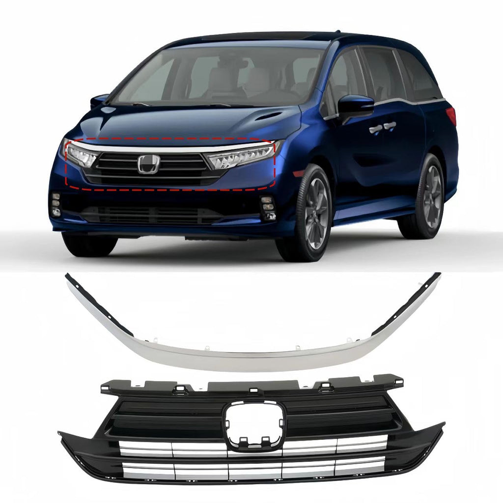 BUFEETERS Front Upper Black Grille Grill Chrome Molding Fit For Honda Odyssey 2021 2022 2023