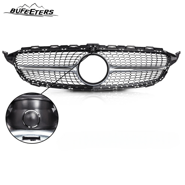 BUFEETERS  Front Bumper Upper Grille W/Camera Hole Fit For 2015 2016 2017 2018 Mercedes Benz W205 C Class C250 C300 C400,Diamond Style,Chrome&Silver