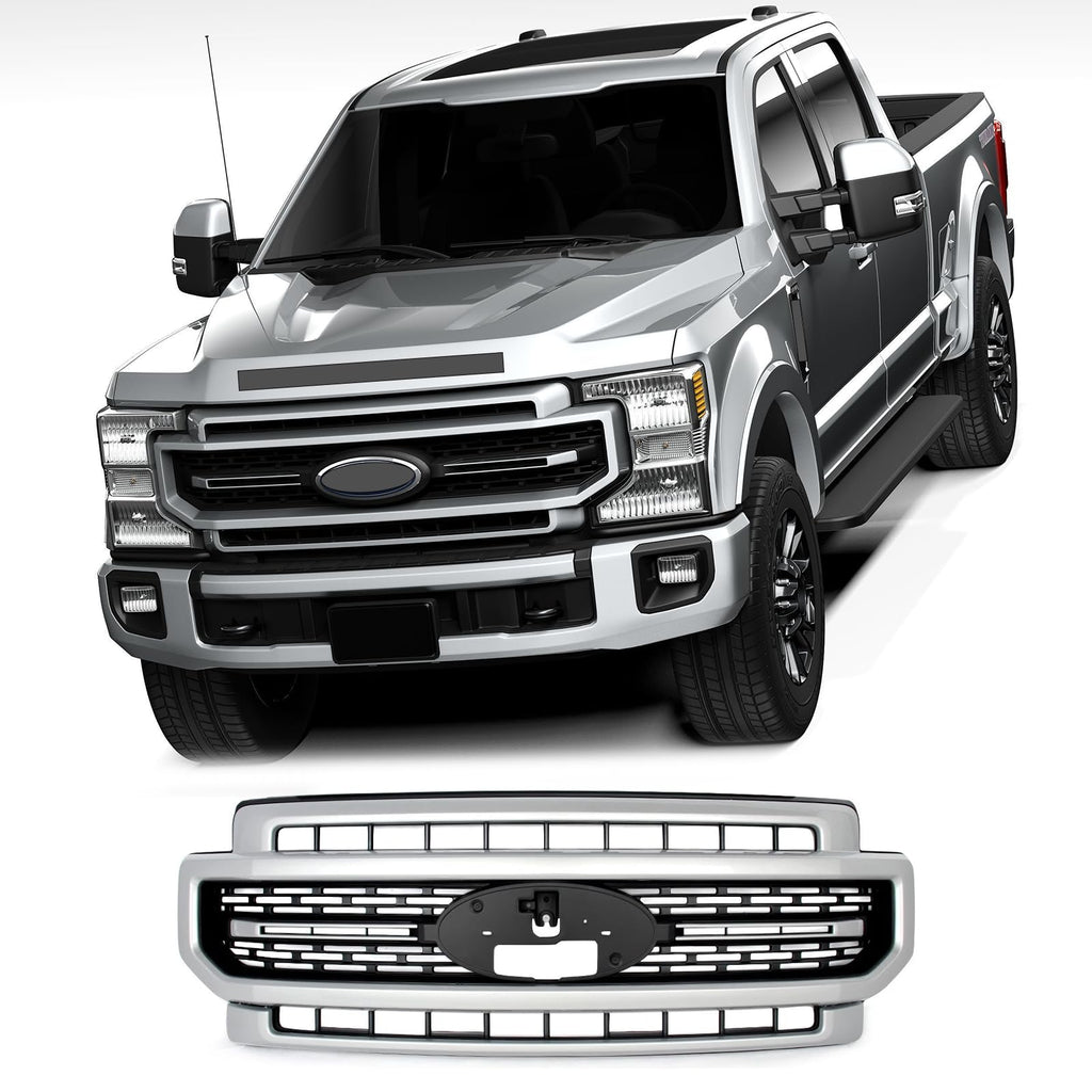 BUFEETERS Front Bumper Upper Grille Fit For 2020 2021 2022 F-250 F-350 F-450 F-550 Super Duty,Lariat Sport Style,UX Ingot Silver&Matte Black