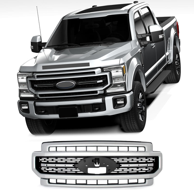 BUFEETERS Front Bumper Upper Grille Fit For 2020 2021 2022 F-250 F-350 F-450 F-550 Super Duty,Lariat Sport Style,UX Ingot Silver&Matte Black