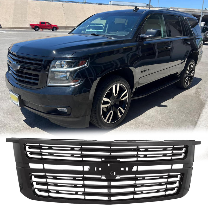 BUFEETERS Front Bumper Upper Grille Fit For 2015 2016 2017 2018 2019 2020 Chevrolet Tahoe,Mesh Style,Gloss Black