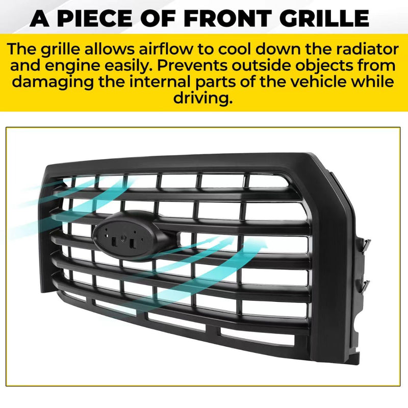 BUFEETERS  Front Bumper Upper Grille Fit For 2015 2016 2017 Ford F150 F-150,Horizontal Style,Matte Black